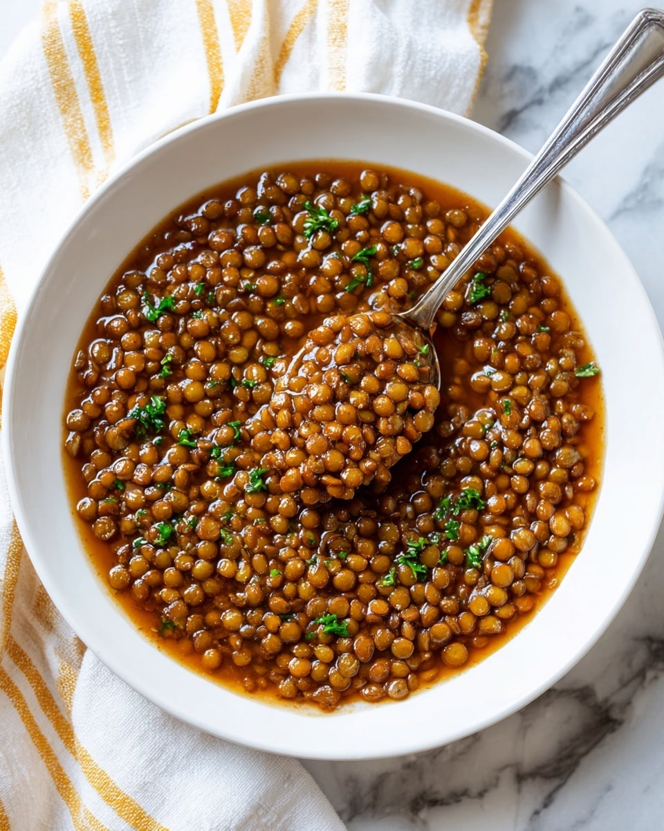 A white deep plate filled with brown lentils cooked in a thick brownish broth. The lentils cover the plate surface fully with a slightly uneven texture. There are small green parsley leaves sprinkled on top, adding a fresh contrast color. A metal spoon is partially submerged into the lentils on the left side, lifting a small portion. The plate sits on a white marbled surface with a soft-focus background showing a white cloth with yellow stripes. Photo taken with an iphone --ar 4:5 --v 7