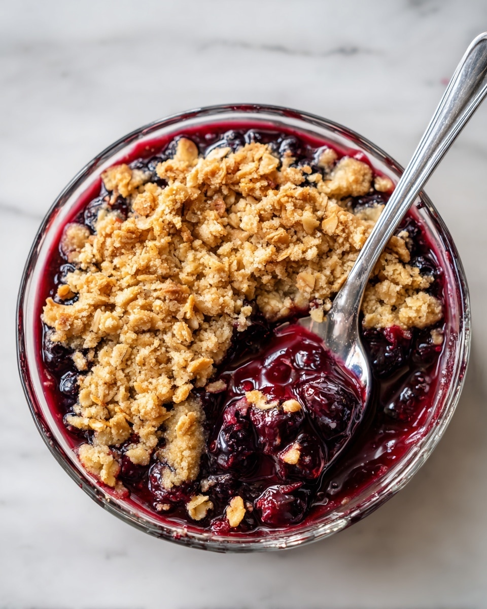A clear glass round dish holds a blueberry crumble dessert with two visible layers: the bottom layer is a deep purple, juicy blueberry filling that looks soft and shiny, and the top layer is a golden brown, crumbly oat topping with coarse texture and small chunks stacked unevenly across the surface. A spoon scoops out some crumble from the bottom left corner, exposing the thick blueberry layer, while some juice spills slightly onto the white marbled surface beneath. The scene is brightly lit, showing contrast between the rough oat crumble and smooth fruit filling, photo taken with an iphone --ar 4:5 --v 7