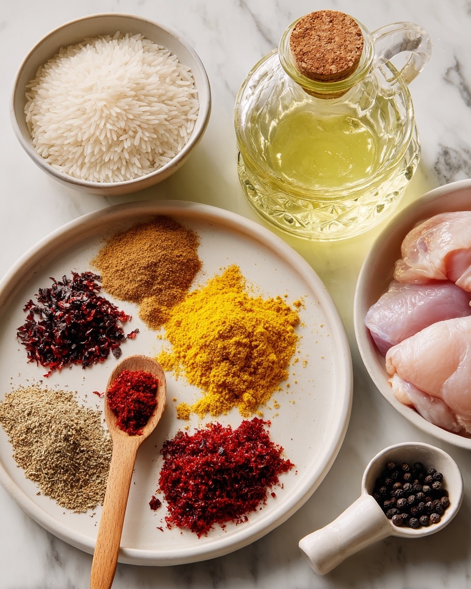 A white plate with four different spices: a light brown pile at the top left, a red pile at the top right, a mustard yellow pile at the bottom left, and a small brown pile at the bottom right; a small wooden spoon with red flakes rests diagonally on the plate. To the right is a clear glass jar full of pale yellow liquid with a cork lid, and next to it is a faceted glass pitcher filled with light yellow liquid. Below the pitcher is a small white bowl with bright red paste. To the right is a small white bowl with black peppercorns and a white pestle laying on the white marbled surface. At the bottom right, a white bowl holds several pale pink raw chicken thighs. Nearby, a white bowl is filled with long-grain white rice. The scene is set on a white marbled surface. photo taken with an iphone --ar 4:5 --v 7