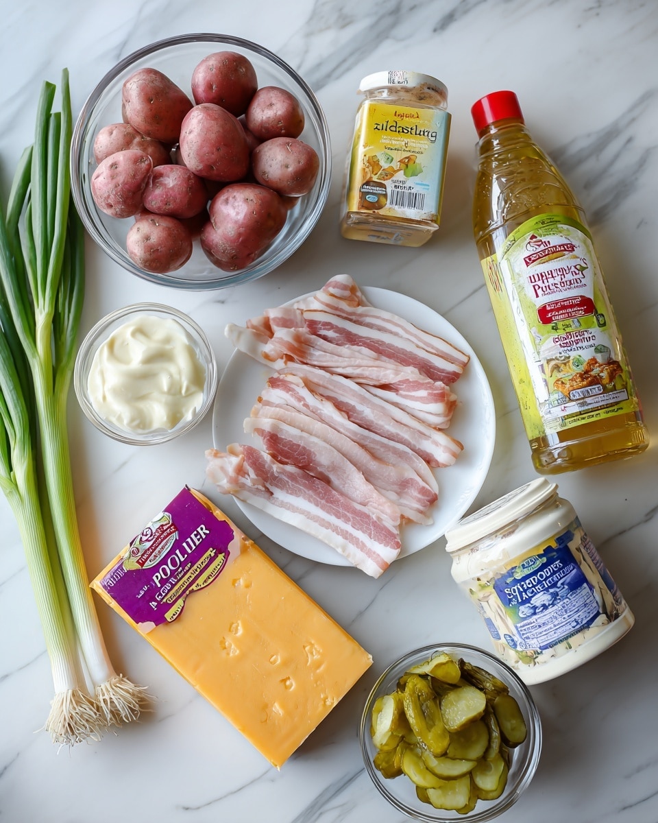 The image shows several cooking ingredients arranged on a white marbled surface. In the top left, there is a clear glass bowl filled with small red potatoes, next to several long green onions extending across the top center. Below the potatoes, a white plate holds thinly sliced raw bacon, with pink and white layers visible. In the center, a bottle of apple cider vinegar with a yellow and red label stands upright. To its right, a small clear glass bowl contains a creamy white substance. Below this bowl, there is a block of sharp cheddar cheese in orange packaging with purple and white labels. Near the bottom right, a glass bowl holds green pickle slices with yellow seeds, and next to it is a white container labeled sour cream with blue and red text. A yellow bottle of mustard is placed near the top right corner, and a small jar of onion powder lies at the bottom left corner. All items are seen with natural light, and the photo taken with an iphone --ar 4:5 --v 7