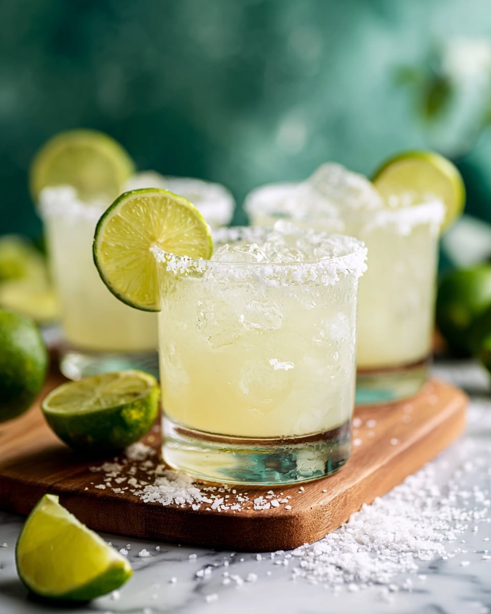 The image shows three short clear glasses filled with a pale yellow drink and ice cubes. Each glass has a thick layer of salt around the rim and a thin, bright green lime slice placed on the rim. The glasses sit on a wooden board with some salt scattered around it, and there is a lime wedge next to the board on a white marbled surface. The background is blurred with green and white shades, giving a fresh and cool feel. photo taken with an iphone --ar 4:5 --v 7