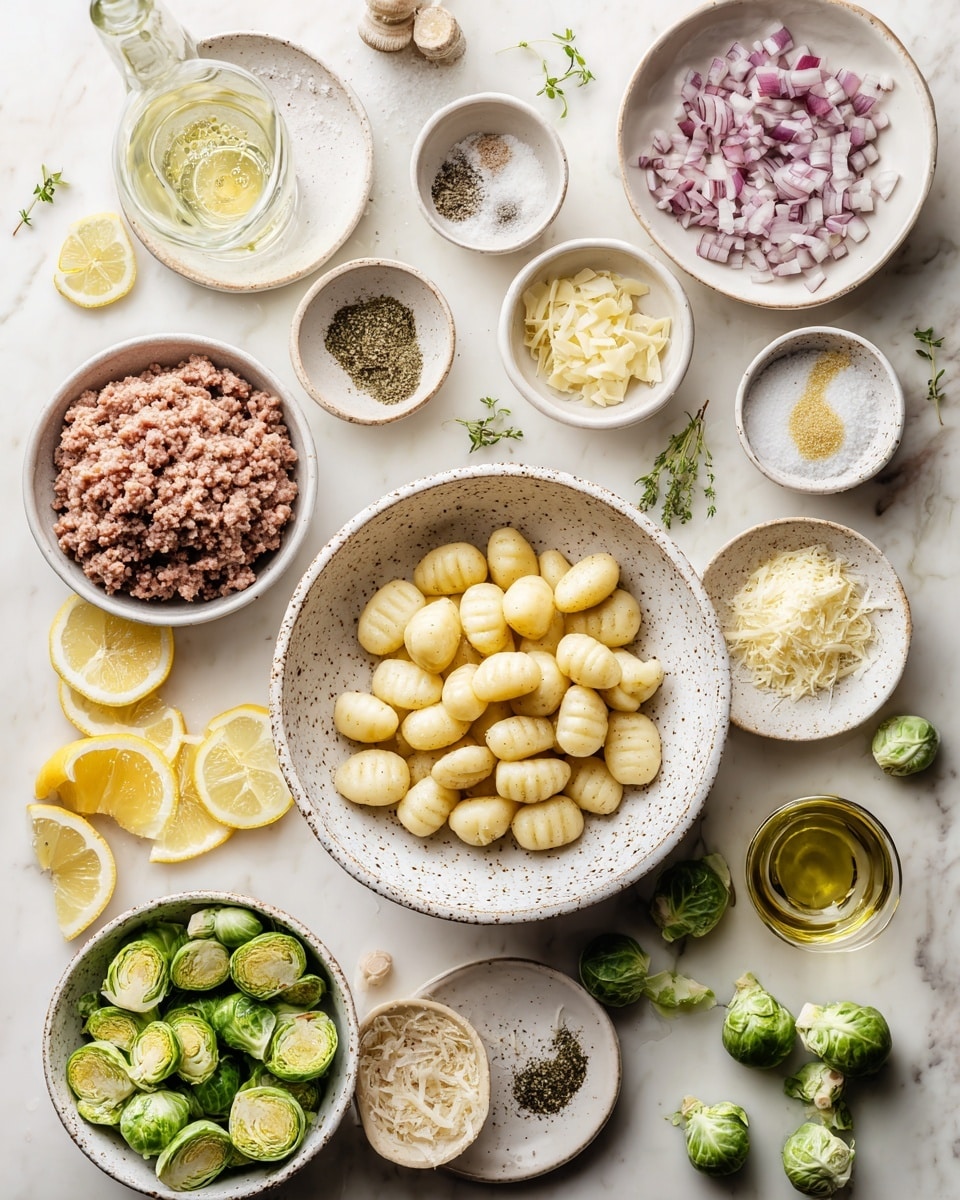 The image shows various ingredients arranged neatly on a white marbled surface. In the center, there is a white speckled bowl filled with pale yellow gnocchi, surrounded by bowls and plates with different items: a white plate of chopped red onions on the top right, a white bowl of grated pale cheese above the center, a small white bowl of minced garlic on the top left, a white bowl of ground meat left of the gnocchi, and a white bowl of green Brussels sprouts cut in halves and quarters on the bottom left. Lemon slices are arranged on a white plate on the top right and lemon zest in a small white bowl at the bottom. There are also small bowls with coarse salt and pepper, dried herbs, olive oil in a clear glass bottle, and a glass of a light greenish liquid. Some loose Brussels sprouts and cut leaves are scattered around. Photo taken with an iphone --ar 4:5 --v 7