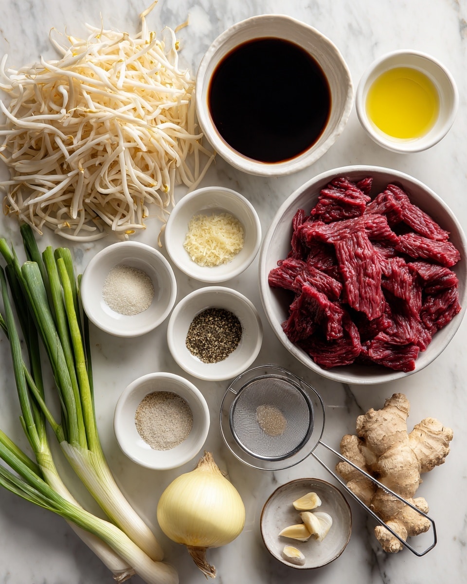 A flat white bowl filled with raw, thin red strips of beef is placed near the center. To the left, there is a pile of uncooked flat beige noodles spread out. Surrounding these main items are small white bowls and containers holding different ingredients: two dark brown sauce liquids, some pale bean sprouts in a metal strainer, light yellow liquid, brown spice powder, white powder, salt and pepper mix on a small plate, and light colored oil in a white spouted dish. Fresh green onions with white stems lay diagonally at the bottom left, and an unpeeled round yellow onion, three garlic cloves, and a piece of ginger root are arranged near the bottom right. The background is a white marbled surface. Photo taken with an iphone --ar 4:5 --v 7