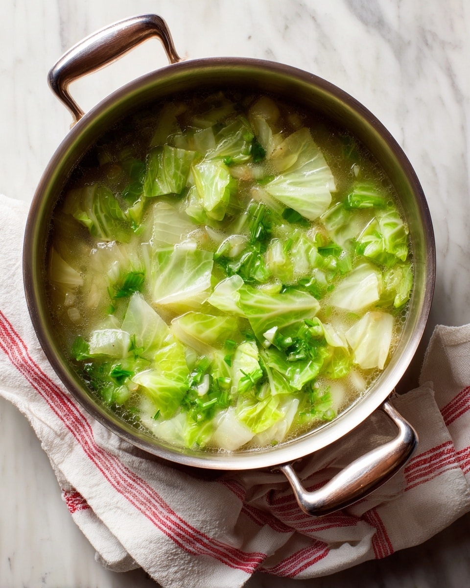 A silver metal pot filled with clear broth soup containing soft, light green cabbage pieces floating at the top and throughout the liquid, with small bits of onion mixed in, sitting on a white marbled surface. The pot handles are shown, and a white cloth with red stripes is placed underneath it. The soup looks warm and light. Photo taken with an iphone --ar 4:5 --v 7
