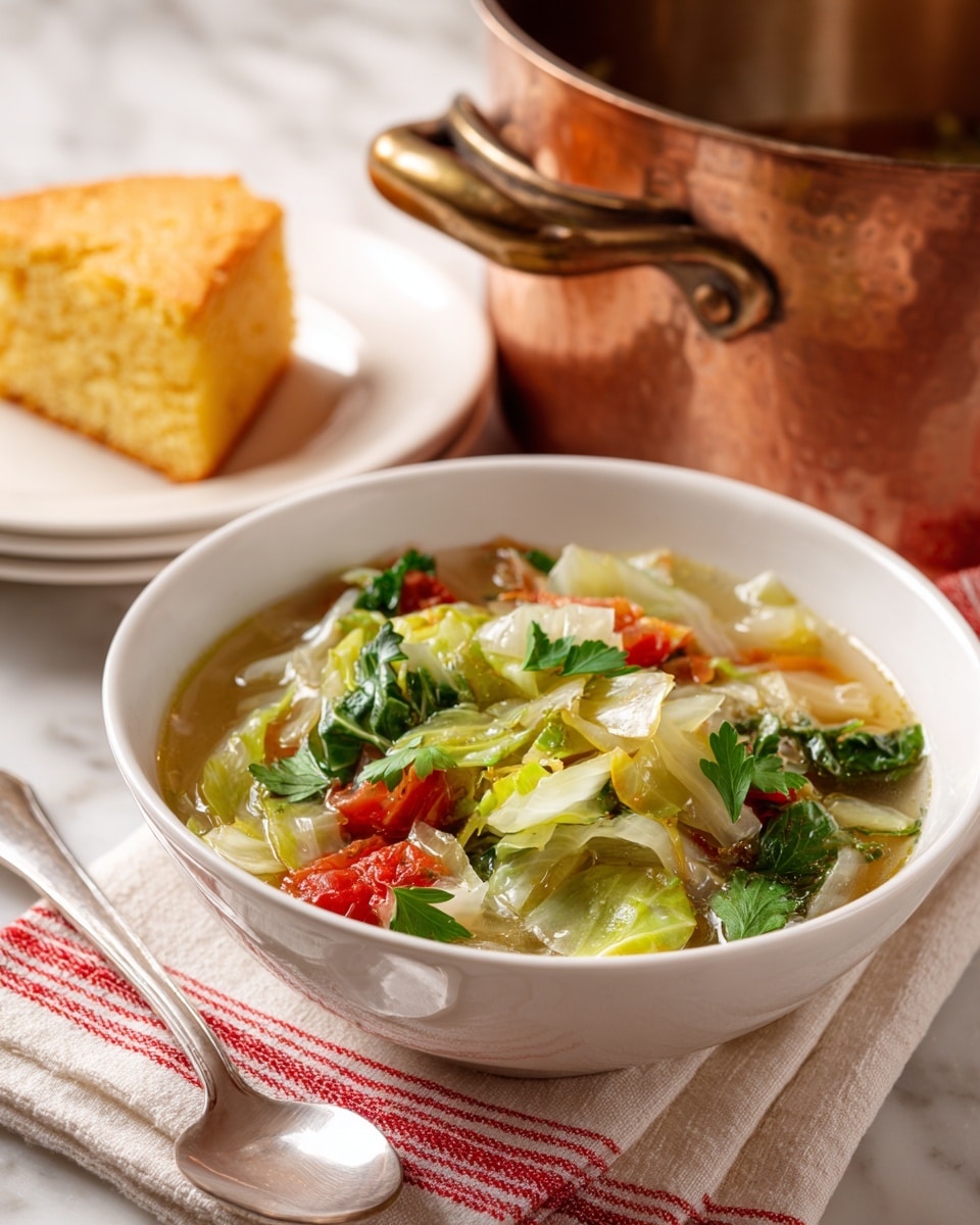 A white bowl full of clear soup with layers of light green cabbage pieces, soft red tomato chunks, and small bright green parsley leaves floating on top. The bowl sits on a white and beige striped cloth with red lines, and behind it, there is a large hammered copper pot with a shiny metal handle on a white marbled surface. To the left, a white plate holds a thick piece of light yellow cornbread with a crumbly texture. A silver spoon with a reflective surface lies next to the bowl on the cloth. Photo taken with an iphone --ar 4:5 --v 7
