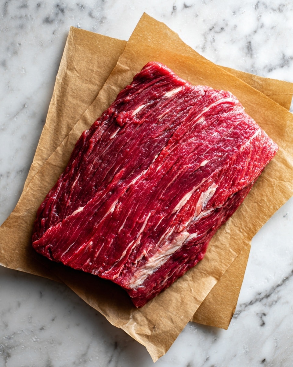 The image shows a single large piece of raw red meat with visible white fat patches scattered unevenly across the surface. The meat has a fibrous texture with strands running mostly in one direction, giving a slightly rough appearance. It lies flat on a sheet of brown parchment paper, all placed on a white marbled surface that adds subtle texture to the background. There are no additional items or decorations around the meat, making it the clear focus of the image photo taken with an iphone --ar 4:5 --v 7