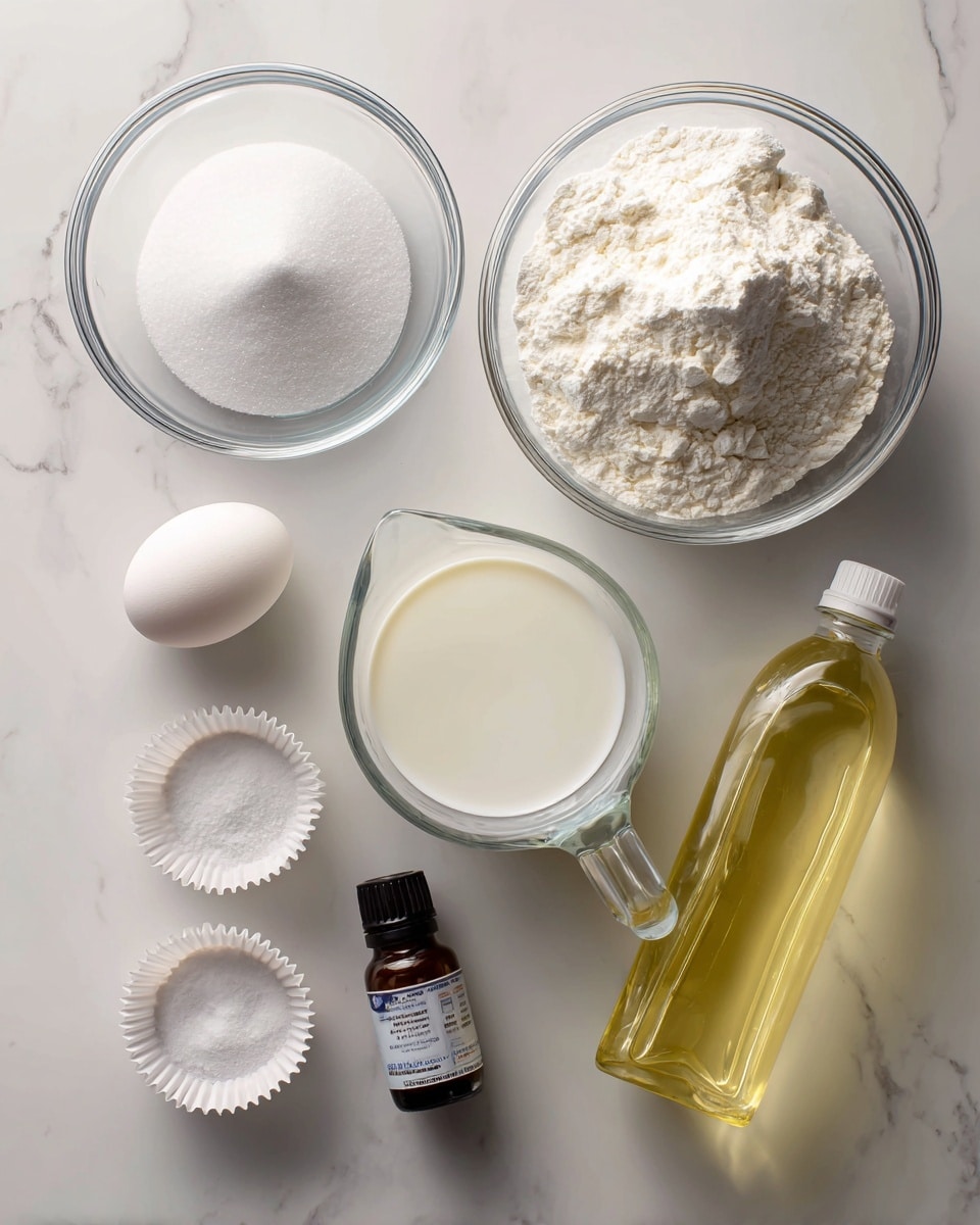 The image shows an overhead view of baking ingredients arranged neatly on a white marbled surface. On the top left is a clear glass bowl filled with white sugar, next to it on the top right is a larger glass bowl filled with white flour. Below the sugar is a clear measuring cup with white milk inside. To the right of the milk is a white egg placed directly on the surface. Nearby is a large plastic bottle of light yellow vegetable oil tilted to the right. On the bottom left, three white paper cupcake liners contain small amounts of white baking powder, baking soda, and kosher salt. Toward the top right, a small brown bottle labeled vanilla extract lies on the surface. The scene is simple and clean with all elements clearly visible and labeled. Photo taken with an iphone --ar 4:5 --v 7