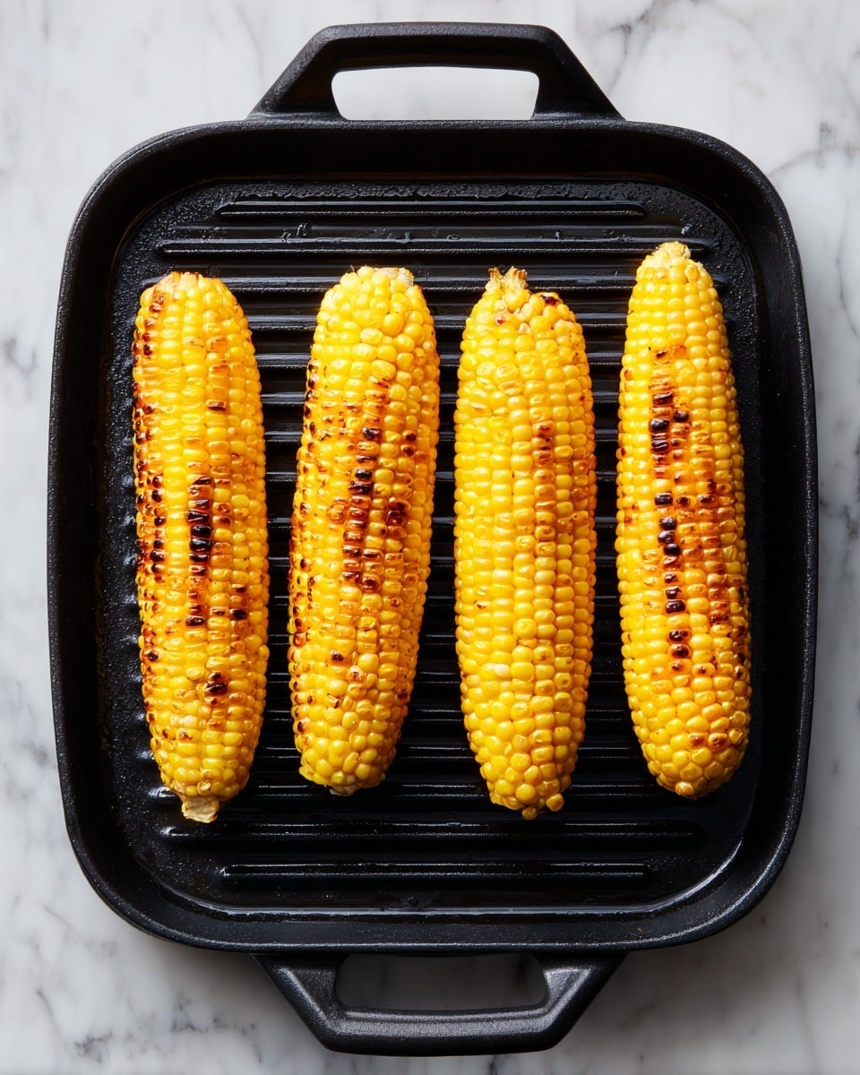 Four yellow corn cobs with small char marks are placed evenly on a black grill plate that has raised ridges and slots. The grill is set against a white marbled surface. The corn cobs have a glossy look and vary slightly in size, with the larger ones toward the top and smaller ones near the bottom. The grill has a solid, simple design with a handle at the bottom and a flap at the top. photo taken with an iphone --ar 4:5 --v 7