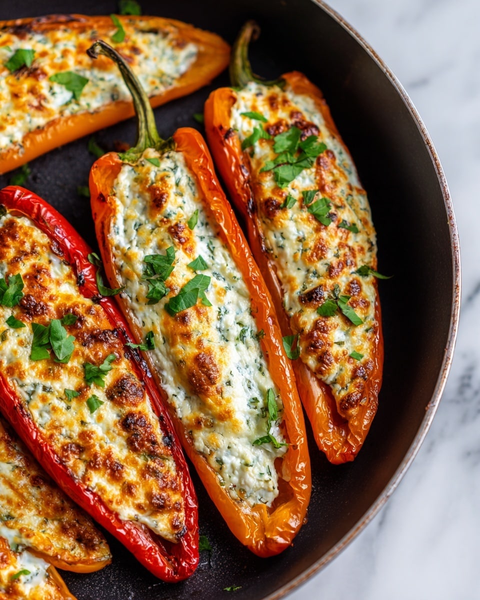 There are four long peppers, three red and one orange, placed side by side in a black baking dish with white edges. Each pepper is sliced in half lengthwise and filled with a creamy white mixture that has small green and brown herb specks on top. The peppers' skin is wrinkled and slightly roasted, showing a shiny texture with some charred spots. A woman's hand is holding a knife and fork, cutting into the orange pepper filled with the mixture. The baking dish sits on a white marbled surface. Photo taken with an iphone --ar 4:5 --v 7