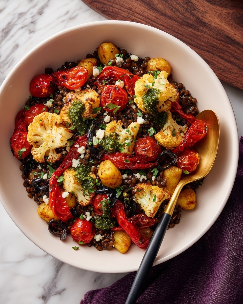 A close-up of a white bowl filled with a mix of roasted vegetables and gnocchi on a white marbled surface. The bottom layer consists of golden brown gnocchi and roasted cauliflower pieces. Above that, there are sliced green olives and roasted red and orange cherry tomatoes mixed with bits of red onion. Scattered over the top are dollops of green pesto and some white crumbled cheese. A woman's hand holds a spoon lifting a colorful mix of vegetables, including red tomatoes, green olives, purple onion, and bits of cheese. Photo taken with an iphone --ar 4:5 --v 7