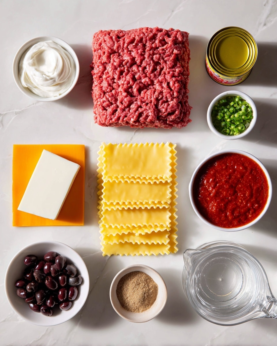 The image shows a flat layout of lasagna ingredients arranged neatly on a white marbled surface. In the center top, there is a pink block of raw ground beef with distinct ridges. To its right, three yellow lasagna noodles with wavy edges are stacked slightly overlapping. Above the beef, there is a yellow and red can of refried beans. On the bottom left, an orange and white block of cheese rests flat. A small white bowl of white sour cream sits next to the beef on the left, and a small white bowl of black sliced olives is below that. In the middle bottom area, a white bowl filled with red salsa is placed. Next to the salsa, on the right side, a small white bowl contains light brown taco seasoning powder, and at the bottom right is a clear glass pitcher filled with water. Below the cheese block, a small white bowl contains chopped green chilies. All items are displayed clearly with no overlap. Photo taken with an iphone --ar 4:5 --v 7