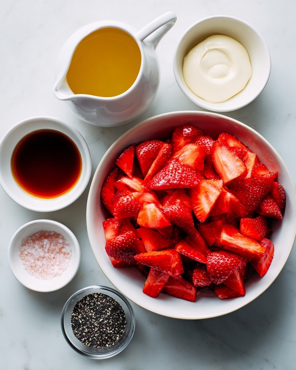 A white bowl at the center is filled with bright red strawberries that are sliced into medium pieces showing their juicy inside. Above the bowl to the left is a small white ceramic pitcher holding golden olive oil. To the right of the pitcher is a white bowl with pale yellowish liquid, labeled as white wine vinegar. Below this bowl is a small white bowl containing dark amber maple syrup. Slightly below and to the right is a tiny clear bowl filled with small black and white poppy seeds. Further down is another small white bowl with creamy white mayonnaise. To the left of the strawberries bowl near the bottom left corner is a tiny clear bowl with light pink salt. All items are placed on a smooth white marbled surface. Photo taken with an iphone --ar 4:5 --v 7