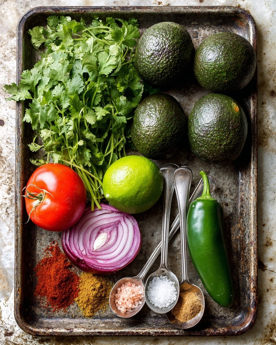 The image shows a rustic tray on a white marbled surface filled with fresh ingredients. There are five dark green avocados with rough skin placed on the left and top middle areas. In the bottom left corner, a round, bright red tomato sits next to a bunch of fresh green cilantro with leafy stems. A whole lime with smooth green skin is centered near the top middle. To its right, a shiny dark green jalapeno pepper lays next to a quarter piece of red onion with white and purple layers visible. On the bottom right side, three metal measuring spoons rest on the tray filled with different spices: dark red chili powder, light pink salt, and light brown cumin. photo taken with an iphone --ar 4:5 --v 7