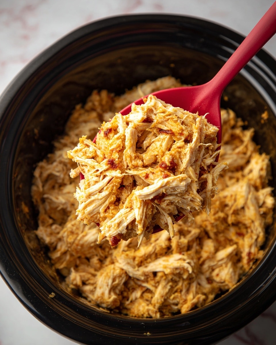 The image shows a close-up of shredded light pink chicken mixed with crumbly, golden-yellow stuffing. The stuffing has a soft texture with visible bits of herbs, and the chicken pieces are tender and fibrous. A bright red spoon is partially visible in the upper right corner, scooping some of the mixture. The dish appears inside a black pot, with the mix filling it unevenly, showing a contrast between the pale chicken strands and the golden stuffing. The background has a white marbled texture. photo taken with an iphone --ar 4:5 --v 7