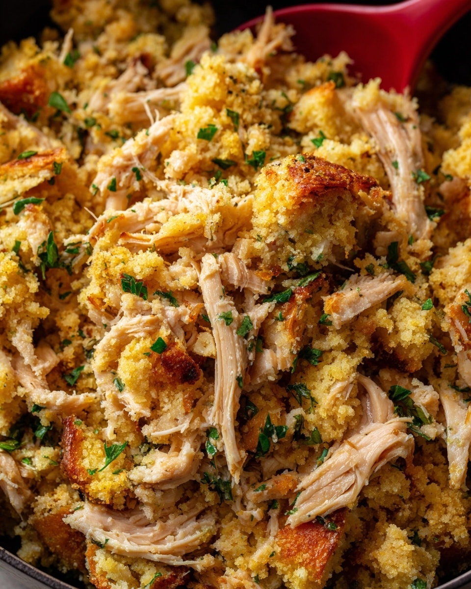 The image shows a close-up of a dish with shredded light pink chicken mixed with golden-yellow cornbread stuffing that has a crumbly texture and small bits of green herbs. A red spoon is partially visible in the upper right area, resting within the mixture. The food is inside a black pot or bowl, and the focus is on the soft, fibrous chicken strands blending with the moist, irregular chunks of stuffing. The overall color palette is warm with beige, yellow, and light pink tones. Photo taken with an iphone --ar 4:5 --v 7