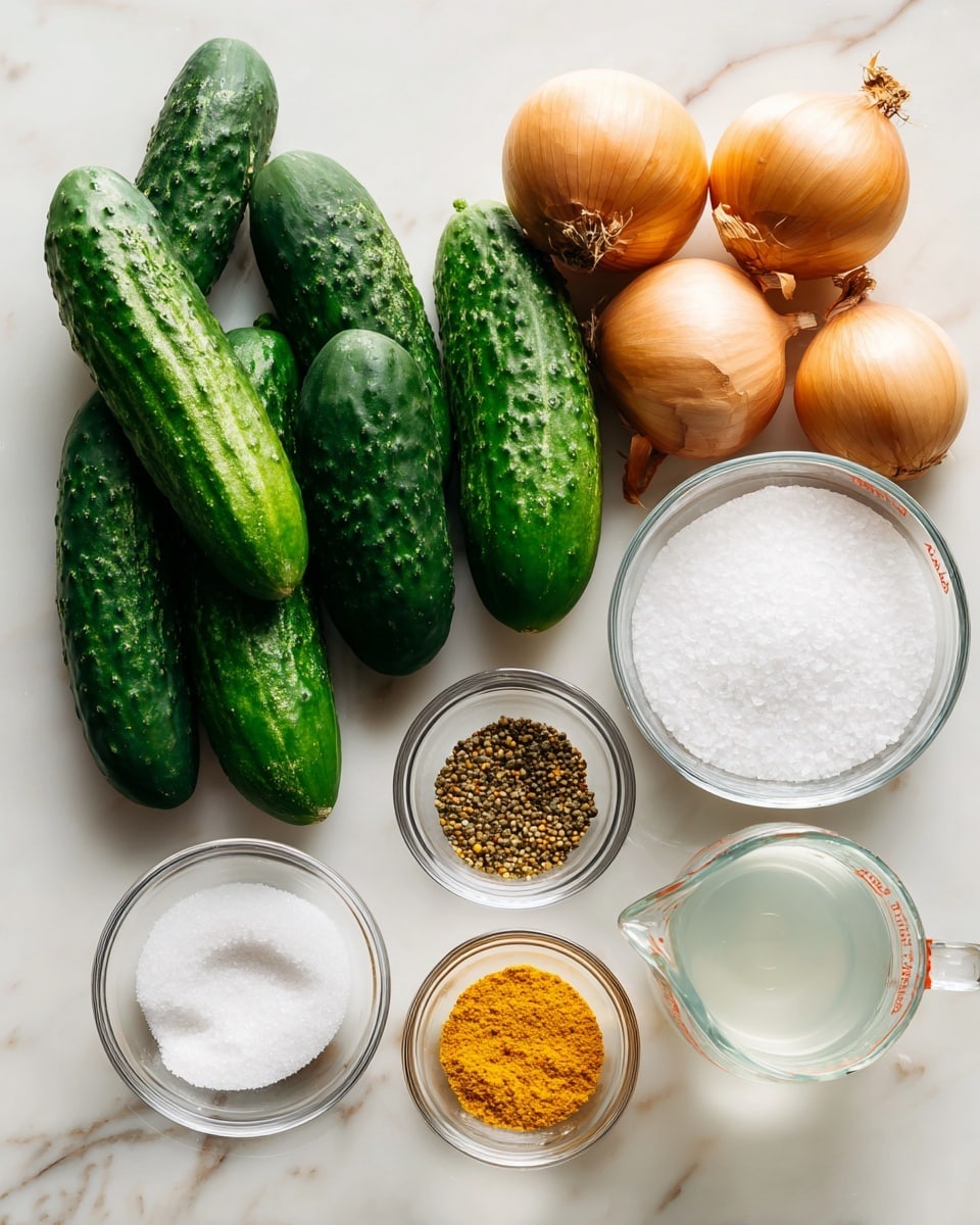 The image shows fresh pickling cucumbers with a bumpy dark green skin placed on a white marbled surface on the left side. On the top right, there are four whole onions with light brown papery skins. Below the onions, a clear glass bowl filled with white salt sits on the marbled surface. Lower on the surface, small clear glass bowls hold mustard seeds, celery seed, and bright orange turmeric powder. To the bottom left, a larger clear bowl contains white sugar, and to the bottom right is a clear measuring cup filled with white vinegar. Each ingredient is labeled with black text on white rectangles above or near them. The whole setup is neatly arranged and brightly lit. Photo taken with an iphone --ar 4:5 --v 7