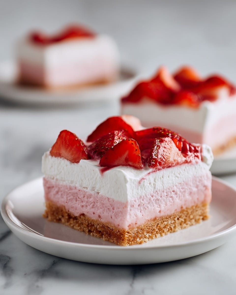 Two square slices of strawberry dessert are shown on white plates placed on a white marbled surface. Each slice has four layers: the bottom layer is a light brown crumbly crust, above it is a thin pink jelly-like layer, followed by a thick creamy pink layer, and the top layer is a thick white whipped cream. On top of the whipped cream, there are several fresh strawberry halves arranged evenly. The background is blurred with one slice closer to the camera and the other slice a little farther back. Photo taken with an iphone --ar 4:5 --v 7