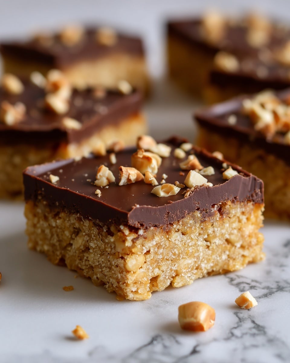 The image shows a close-up of square dessert bars with two layers. The bottom layer is thick, light golden, and crumbly with a rough texture, looking like a mix of crushed cereal and butter. The top layer is a smooth and thick dark chocolate covering, evenly spread and glossy. Small pieces of chopped nuts are sprinkled on the chocolate layer, adding a chunky texture and light brown color. The dessert pieces are on a white marbled surface, with parts of other pieces blurred in the background. Photo taken with an iphone --ar 4:5 --v 7