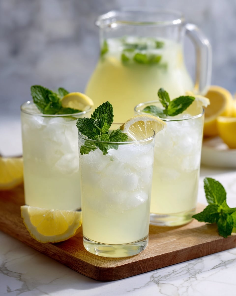 A clear glass filled with large ice cubes and a thick yellow lemon slice on the rim is set on a wooden cutting board over a white marbled surface. A woman's hand is pouring a pale yellow liquid from a small glass jug into the glass, catching the flow of the liquid mid-pour. In the background, a teal and white checkered cloth and a light gray fabric create a soft, blurred setting. photo taken with an iphone --ar 4:5 --v 7