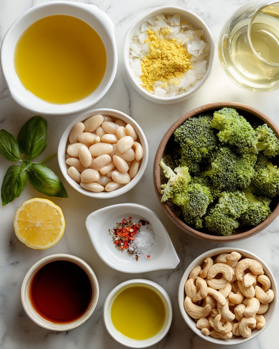 A white container on the left side is filled with golden vegetable broth, next to a small white bowl of yellow nutritional yeast. Above it, a white bowl holds chopped white onion pieces. To the right, two brown bowls contain pale cannellini beans and bright green broccoli florets. Near the bottom, a small white bowl holds minced garlic with red pepper flakes, and another small white bowl has white kosher salt and pepper. Fresh green basil leaves lie beside these bowls. On the right side, a white bowl is filled with pale yellow dry white wine, below it a small white bowl contains golden olive oil, a dark red soy sauce in a white bowl, a half yellow lemon with seeds showing, a small white bowl of creamy Dijon mustard, and a brown bowl filled with light brown cashews. All items are placed on a white marbled surface photo taken with an iphone --ar 4:5 --v 7