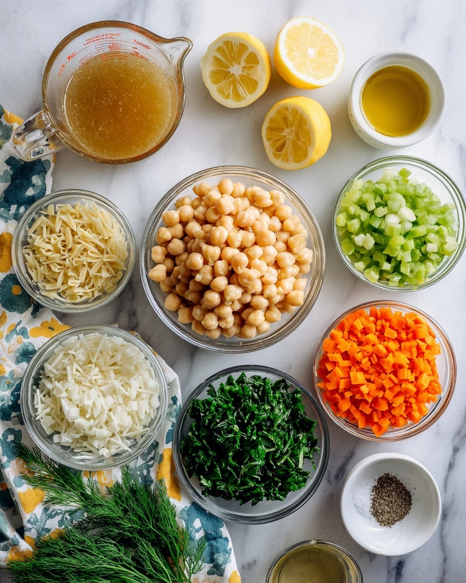 The image shows several clear glass bowls arranged on a white marbled surface with a lemon-patterned cloth nearby. In the center is a bowl of light beige chickpeas, surrounded by smaller bowls of finely chopped orange carrots, light green diced celery, fresh green spinach leaves, and raw orzo pasta that is off-white and rice-shaped. There is also a bowl with white diced onion, a small bowl of chopped garlic, and another small bowl holding golden olive oil. A larger clear glass measuring cup contains brownish-yellow vegetable broth. A small cup with pale yellow lemon juice sits near two lemon halves, one sliced and one partly whole, with a sprig of fresh dill nearby as well. A small bowl holds mixed salt and black pepper. The setup is neat, colorful, and fresh, showing all ingredients clearly photo taken with an iphone --ar 4:5 --v 7