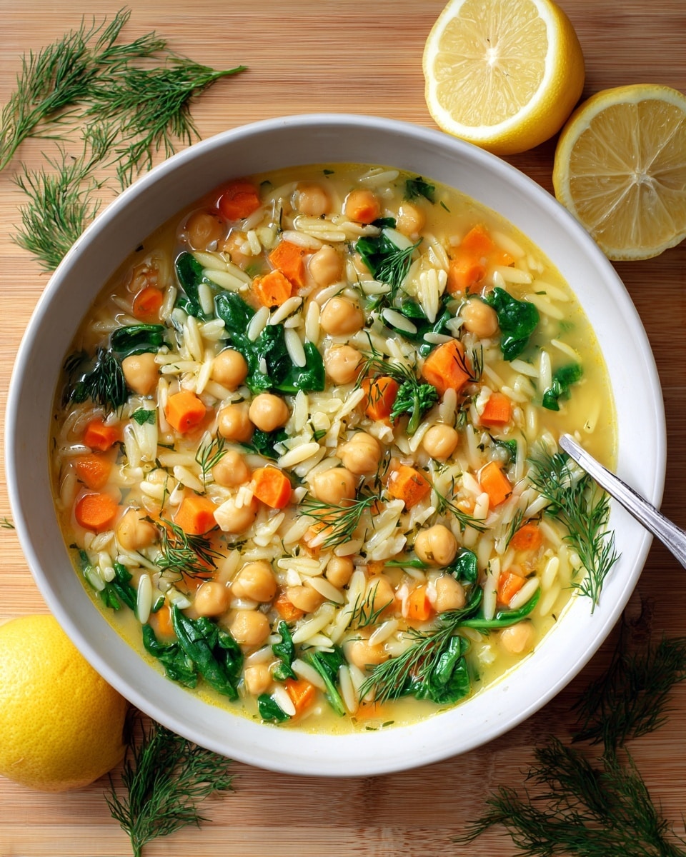 The image shows a white pot with blue handles filled with a soup that has three main layers: the clear golden broth forms the base layer, giving a warm and inviting color; the second layer includes lentils or chickpeas scattered evenly throughout the soup, adding a light beige round texture; and the third layer features green spinach leaves, small orange carrot pieces, and chopped celery mixed in for fresh color and texture. The pot is placed on a white marbled surface, with a half-cut lemon and sprigs of green herbs nearby, and a blue cloth with yellow and green patterns partially visible. Photo taken with an iphone --ar 4:5 --v 7