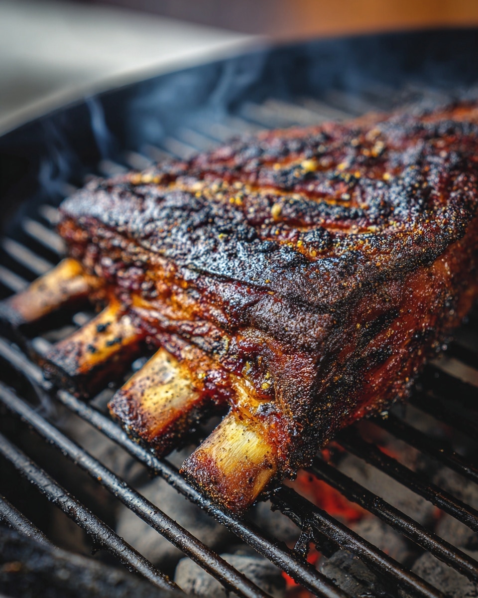 The image shows a large piece of smoked meat on a round black grill. The meat is dark brown to almost black, with a crispy and textured crust. The meat has visible grill marks and a rich, caramelized look with some fat showing near the bone. The bone is thick and slightly burnt at the end. The background is a white marbled texture, and the grill has dark metal rods with some ash or burnt residue. The whole scene looks smoky and rich in flavor, with the meat taking up most of the focus. photo taken with an iphone --ar 4:5 --v 7