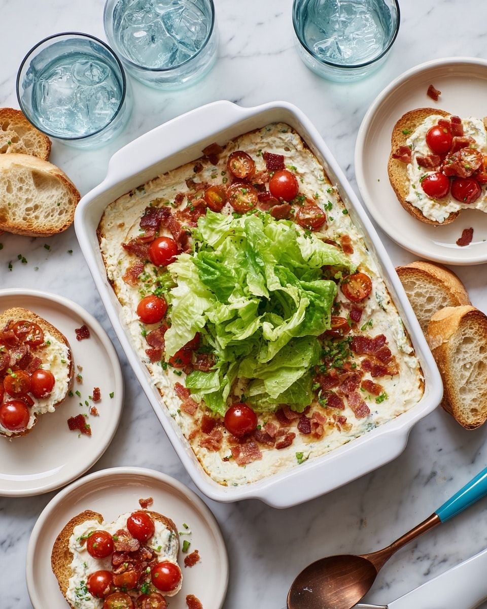 A white rectangular baking dish filled with a layered hot dish topped with melted cheese, small bacon pieces, halved cherry tomatoes, and fresh green lettuce leaves piled in the center. Around the baking dish, there are three white round plates each holding small toasted bread slices topped with a creamy mixture, bacon bits, halved cherry tomatoes, and some green lettuce. Two glasses of sparkling water and a spoon with a blue handle sit on a white marbled textured surface beneath the plates. A woman's hand is about to pick up one of the bread slices from a plate. photo taken with an iphone --ar 4:5 --v 7