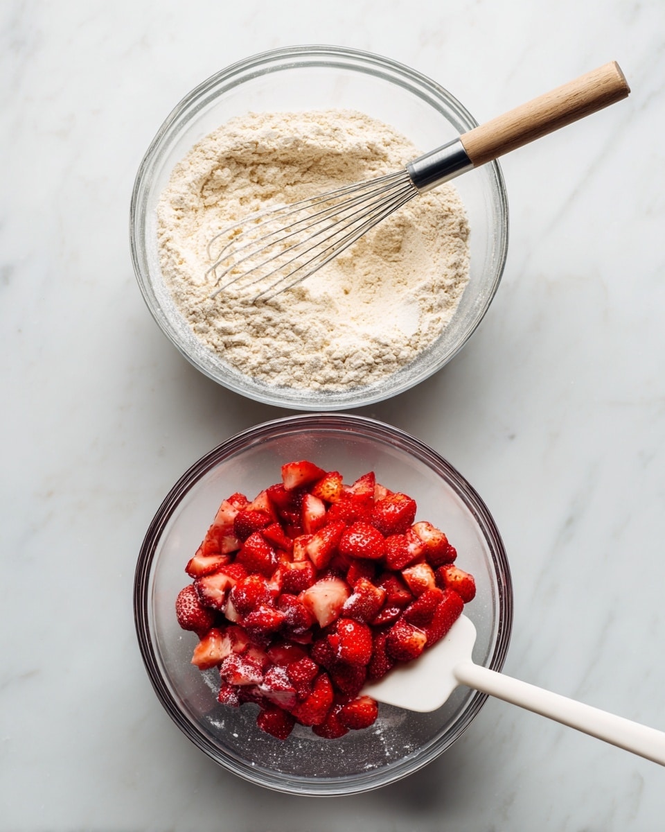 The image shows two side-by-side steps in clear glass bowls on a white marbled surface. On the left, a bowl has a mixture of flour with a metal whisk resting inside, showing a light beige, powdery texture. On the right, the second bowl contains bright red chopped strawberries mixed with the same flour, giving a contrast of the soft, juicy fruit pieces and white powder scattered on top, with a white spatula on the bowl's right side. photo taken with an iphone --ar 4:5 --v 7