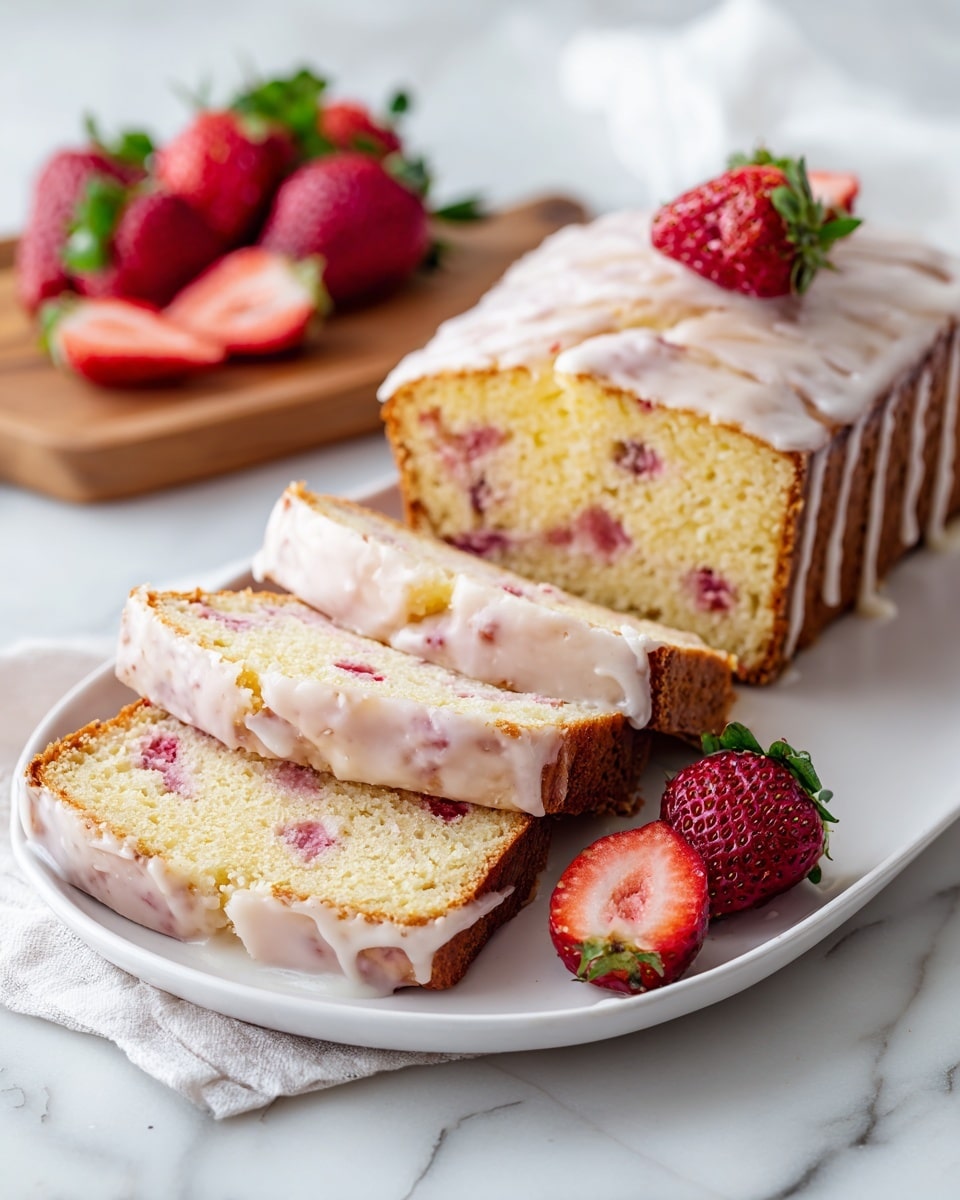 A loaf of pink strawberry cake with two slices cut and placed on a white ornate plate with gold and floral edges. The cake is light beige with visible pieces of strawberry throughout, topped with a thick layer of dripping pink glaze. The remaining cake sits on a white plate with a matte finish, next to a half strawberry. A gold fork rests on a soft pink cloth beside the plate. In the background, a cup of light brown tea sits in a colorful floral patterned white cup and saucer, all set on a white marbled surface. Photo taken with an iphone --ar 4:5 --v 7
