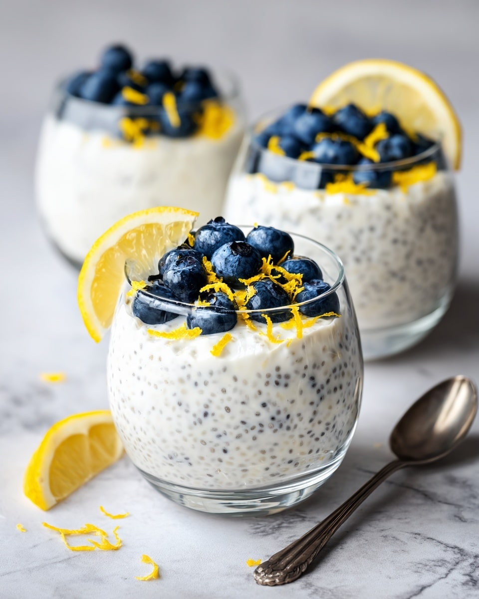 A clear glass cup filled with thick creamy white yogurt mixed with small black chia seeds, topped with fresh dark blue blueberries scattered evenly, bright yellow lemon zest sprinkled on top, and a thin lemon slice perched on the rim of the cup; the cup is placed on a white marbled surface with a soft, light pink cloth slightly visible in the background, and another similar cup blurred out behind it photo taken with an iphone --ar 4:5 --v 7
