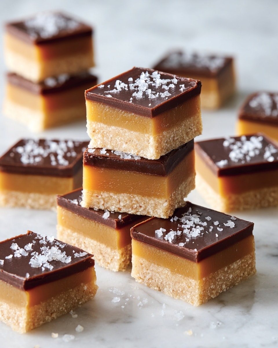 The image shows small square pieces of a three-layer dessert arranged on white parchment. Each piece has a bottom layer of light beige with a soft, dense texture, a middle layer of caramel brown, smooth and shiny, and a top layer of dark chocolate brown that looks matte and firm, some pieces sprinkled with flakes of sea salt. In the background, there is a larger uncut block of the dessert with the same three layers visible, all placed on a white marbled texture surface. photo taken with an iphone --ar 4:5 --v 7