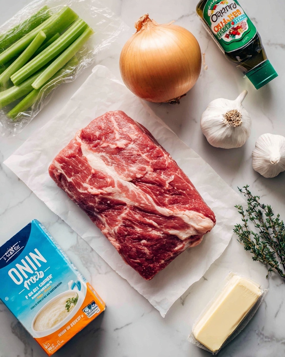 A raw, rectangular piece of red meat with white fat marbling lies flat on a white sheet in the center of a white marbled surface. Above it, there is a whole yellow onion centered near a bulb of white garlic on the right and a bottle of green-lid organic thyme herb. On the left side, a clear plastic package of green celery sticks is partially visible. Below the meat on the left, a blue and orange box of onion soup and dip mix is placed diagonally, and a stick of pale yellow butter with measurement markings on the wrapper lies horizontally above a white can of cranberry sauce with a colorful label. The overall layout shows all ingredients neatly spaced on a clean white marbled background, photo taken with an iphone --ar 4:5 --v 7