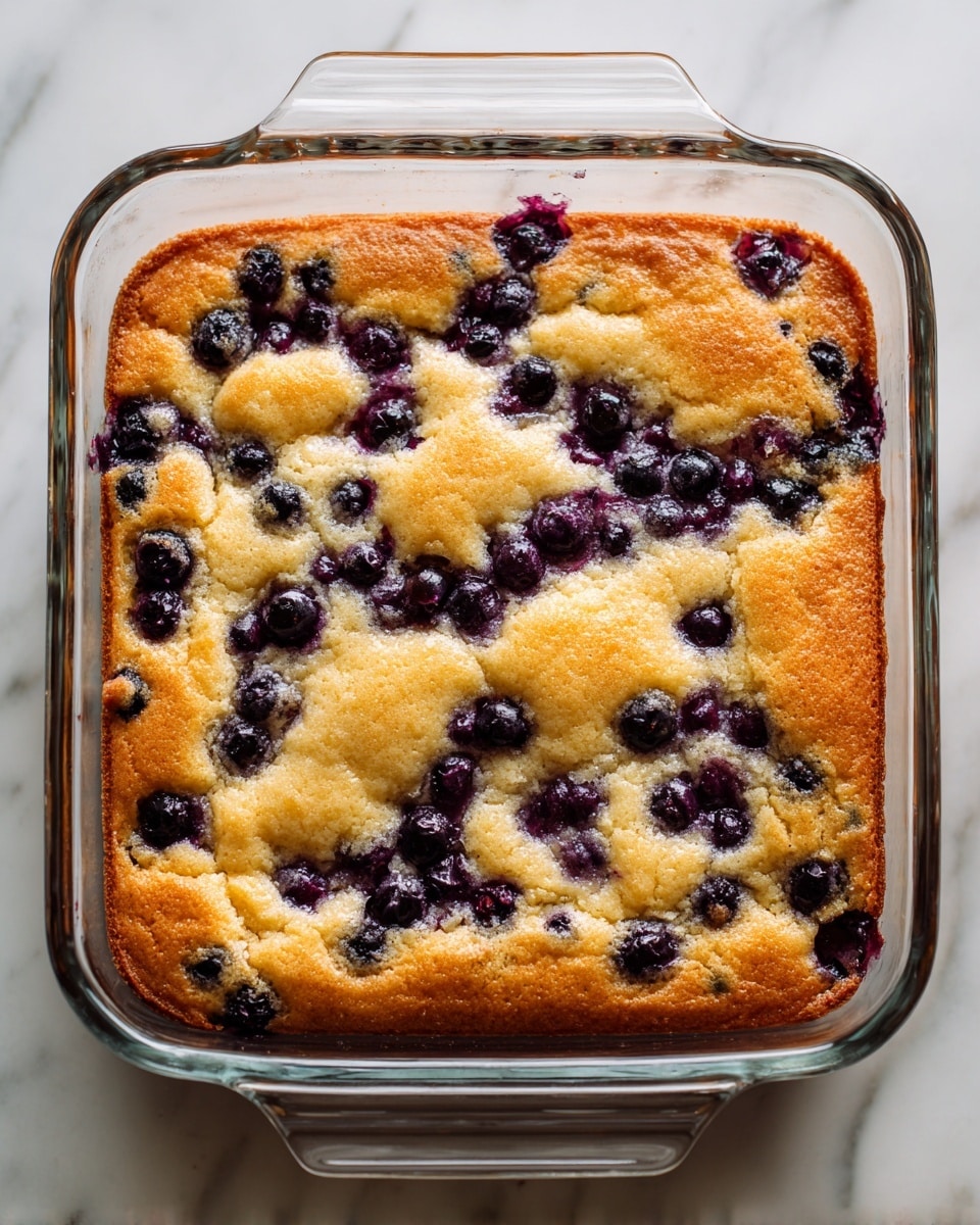 A square clear glass baking dish with handles on both sides holds a thick baked dessert with a golden-brown top layer that looks soft and slightly fluffy. The top has uneven light brown spots with some areas showing a glossy, light crust. Underneath the top layer, soft purple and dark blue berries are visible, spread out evenly and slightly peeking through the surface. The dessert fills the dish fully and is set on a white marbled texture. photo taken with an iphone --ar 4:5 --v 7