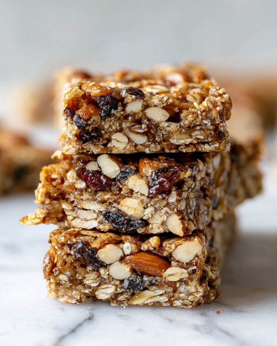 A close-up of three stacked granola bars showing three layers with rough, uneven surfaces full of oats, nuts, and dark dried fruit pieces. The bars have a rich brown color with lighter beige nuts and oats spread throughout. The texture looks crumbly but dense, with visible oats and nut pieces embedded in the bars. The background is a soft white marbled texture with parts of more granola bars blurred out in the distance. photo taken with an iphone --ar 4:5 --v 7
