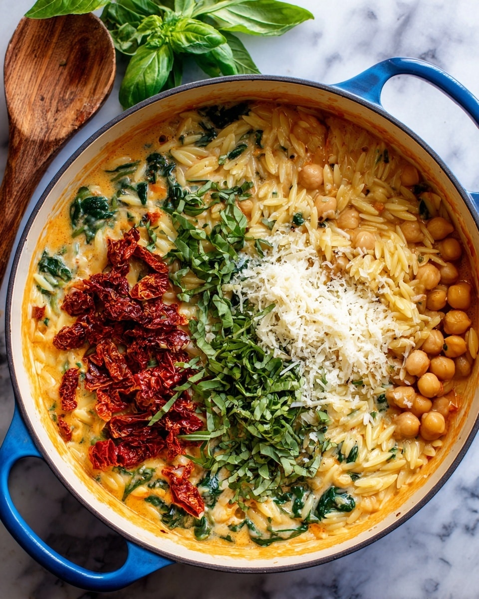 Inside a white round enamel pot with a light blue handle, there is a creamy chickpea and orzo mix. The dish has a soft, orange sauce base mixed evenly with the small orzo pasta and round chickpeas, giving it an inviting texture. Scattered green spinach leaves add flecks of deep green color, while thin shreds of white cheese sprinkle the top, melting slightly into the warm dish. On top, fresh whole bright green basil leaves are placed, adding a fresh look. A large silver spoon rests gently inside the pot on a white marbled surface. photo taken with an iphone --ar 4:5 --v 7