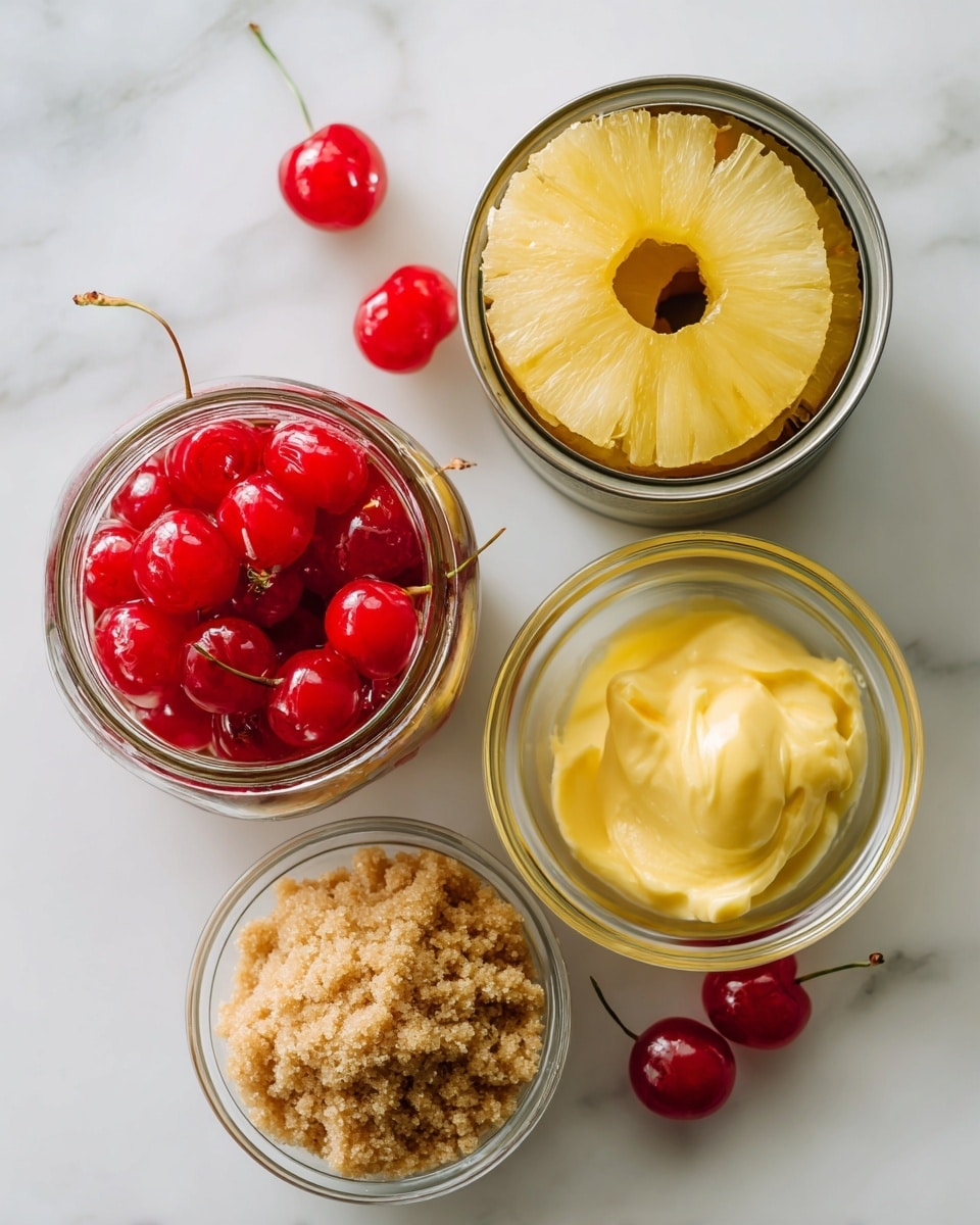 The image shows five ingredients arranged neatly on a white marbled surface. There is a small glass jar filled with bright red maraschino cherries, some with stems visible and a couple scattered next to the jar. Two open cans display pineapple slices in juice, showing the light yellow color and the ring shape of the fruit. A small clear bowl holds a mound of light brown sugar with a crumbly texture. Next to it is another small transparent bowl containing a smooth, yellow butter portion. All items are spaced apart and clearly visible, set against the clean white marble background. Photo taken with an iphone --ar 4:5 --v 7