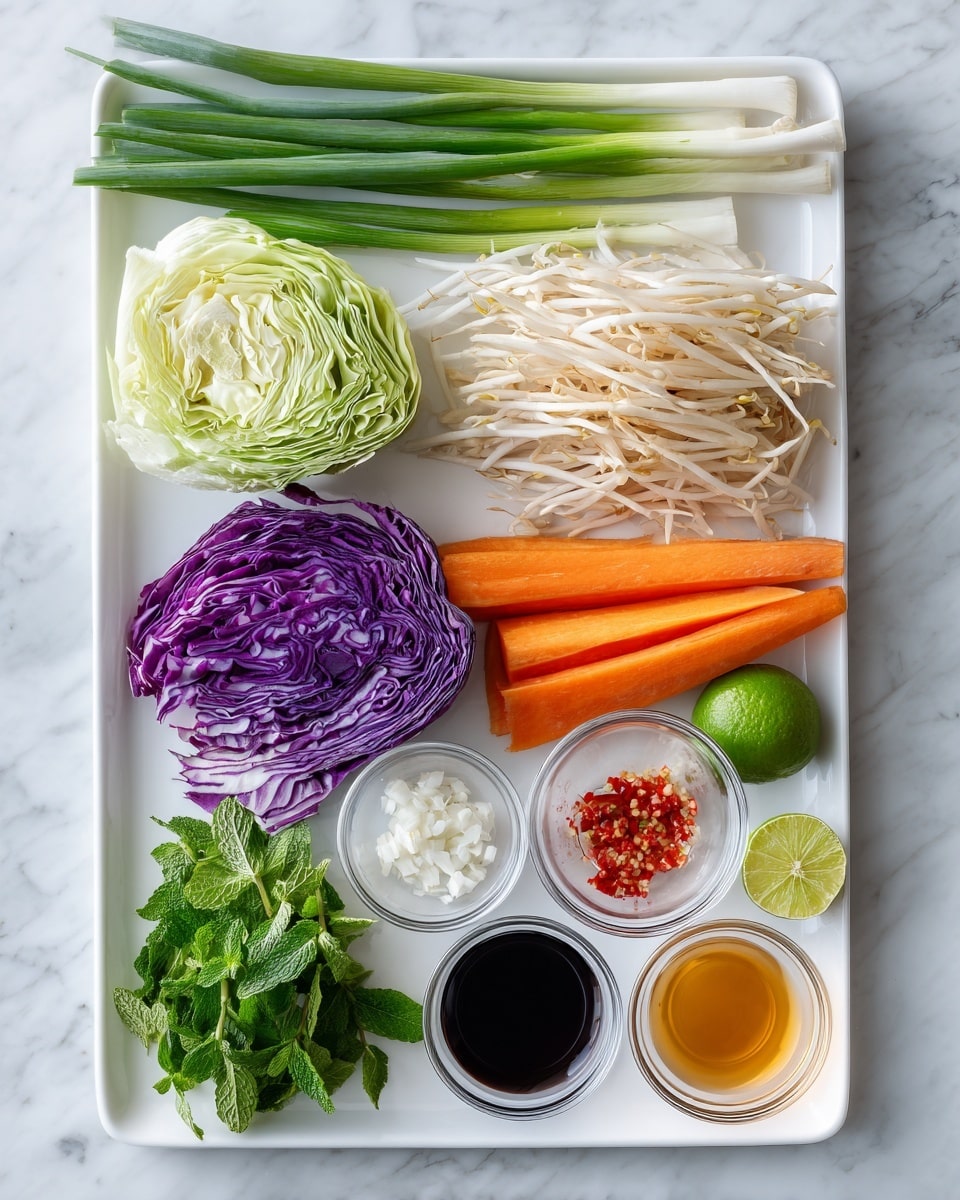 A white rectangular tray holds an arrangement of fresh ingredients. At the back, there are three long green onions lying horizontally. Below them, a pile of beige bean sprouts and two whole orange carrots rest side by side. On the left side, there is a large wedge of green cabbage and beside it a wedge of purple cabbage with white veins. In the bottom left corner, a small pile of mixed green mint and coriander/cilantro leaves are placed next to each other. Four small clear bowls at the bottom right hold different condiments: minced garlic, red chopped chili, white sugar, and a light amber-colored oil. Next to these, there are three more small clear bowls each filled with dark soy sauce, light rice vinegar, and clear fish sauce. A halved bright green lime is positioned near the top right corner. The whole scene is set on a white marbled surface. Photo taken with an iphone --ar 4:5 --v 7