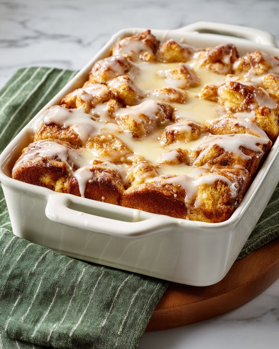 A white rectangular baking dish holds a golden-brown baked dessert with an uneven top layer featuring soft, irregular pieces. The dessert is drizzled with a white icing glaze that creates thin, random lines over the surface. The dish rests on a white marbled surface with a green striped cloth partially visible underneath one side. The overall look is warm and inviting. photo taken with an iphone --ar 4:5 --v 7