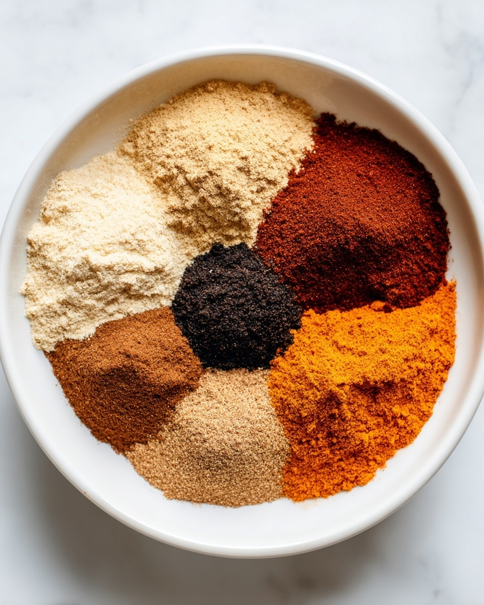 A white cup sits on a white marbled surface, filled with six piles of different spices arranged in a circle. Starting from the top left, the first pile is a light tan powder representing ginger, next to it on the right is a deep reddish-brown powder for black pepper. Below black pepper, in the bottom right section, there is a bright orange cinnamon powder. To the bottom left, a dark brown allspice powder sits near the edge of the cup. Above allspice is a nutmeg pile in a medium brown color, and in the center is a small pile of dark brown cloves. Each spice has a label placed over it in bold black text on a white background. The image is clean and bright with a soft shadow under the cup. photo taken with an iphone --ar 4:5 --v 7