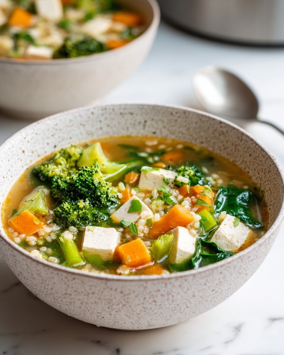A white speckled bowl filled with clear broth soup that has four main layers: bright green broccoli florets and spinach leaves on the top right and scattered through the soup, chunky orange carrot cubes and light green celery pieces mixed in the middle, large white tofu cubes spread evenly throughout, and small grains of barley giving a soft texture across the dish. The soup is garnished with small green herb pieces on top. The bowl sits on a white marbled surface with a second bowl of the same soup blurred in the background and a stainless steel kitchen appliance behind. Photo taken with an iphone --ar 4:5 --v 7