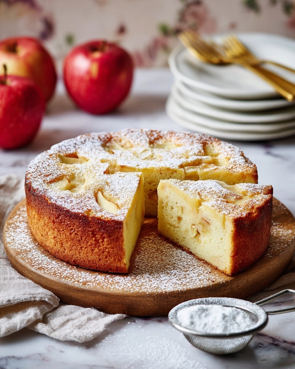 The image shows two thick slices of a light yellow cake stacked on a wooden board. The cake has a soft and airy texture with small, pale chunks of fruit baked inside, visible in both slices. The top layer of the cake is lightly browned with a dusting of powdered sugar. A knife with a yellow handle lies flat on the wooden board in front of the cake slices. The background is a soft, blurred green color, and the wooden board sits on a white marbled surface photo taken with an iphone --ar 4:5 --v 7