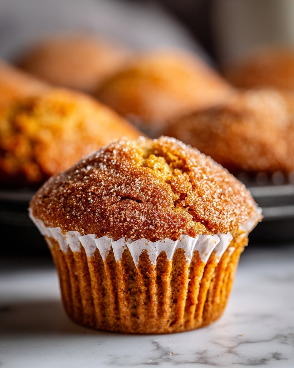 The image shows two golden brown muffins stacked on top of each other with a slightly rough, cracked texture on their domed tops, sprinkled lightly with sugar. Both muffins are wrapped in light beige paper liners with ridges. Surrounding the stack are other muffins placed inside a gray muffin tray with round empty slots visible. The scene is set on a white marbled surface with a blurred white tiled background. Photo taken with an iphone --ar 4:5 --v 7
