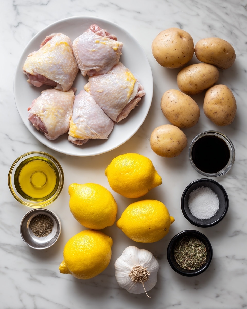 The image shows a flat lay of raw ingredients on a white marbled surface. At the bottom left, a white plate holds six pieces of raw chicken thighs with pale pink skin and some yellow fat. Above this, there are six whole light brown potatoes arranged in two rows. Below the potatoes, four bright yellow lemons are placed in a loose cluster. To the right of the lemons, a whole bulb of garlic is visible with its papery white skin. Surrounding these main items are small containers with condiments and spices: a small silver cup with yellow mustard, a round glass container with dark balsamic vinegar, and three small black dishes holding olive oil, a mix of salt and black pepper, and dried herbs. Photo taken with an iphone --ar 4:5 --v 7