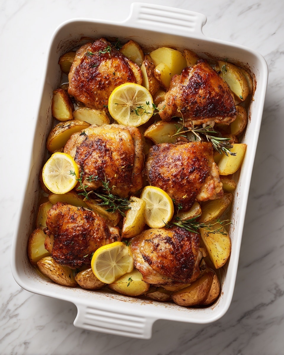A white baking dish holds a dish with two layers: the bottom layer is made of thick yellow potato slices, soft and slightly browned, spread evenly across the dish. On top, there are seven pieces of cooked chicken thighs with crispy, browned skin, showing a mix of golden and dark brown colors from roasting. Three bright yellow lemon slices are placed on and around the chicken, and small green fresh herb leaves are sprinkled on the chicken pieces for decoration. The dish sits on a white marbled surface with a blue cloth on one side. Photo taken with an iphone --ar 4:5 --v 7