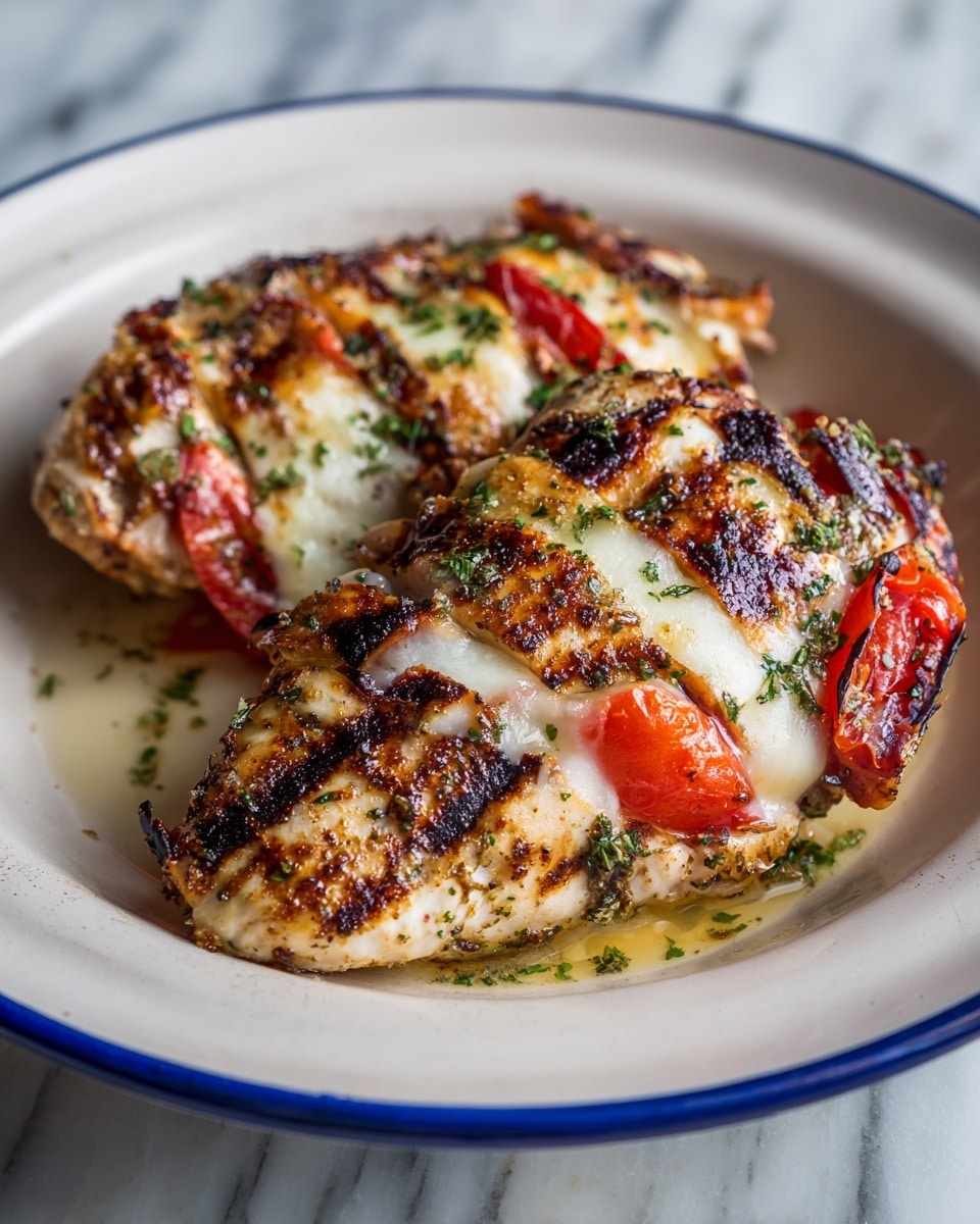 The image shows a grilled dish arranged on a white plate with a white marbled surface beneath. The dish has five layers in total, starting from the bottom: a golden-brown grilled chicken piece with a slightly charred texture, a white melted cheese layer with a creamy and smooth surface, a bright red grilled tomato slice with wrinkles and a slightly blackened edge, followed by another grilled chicken portion that is browned and seasoned, then topped with another melted white cheese layer and a second grilled red tomato slice on top. Small green garnishes are sprinkled over the top for color contrast. Photo taken with an iphone --ar 4:5 --v 7