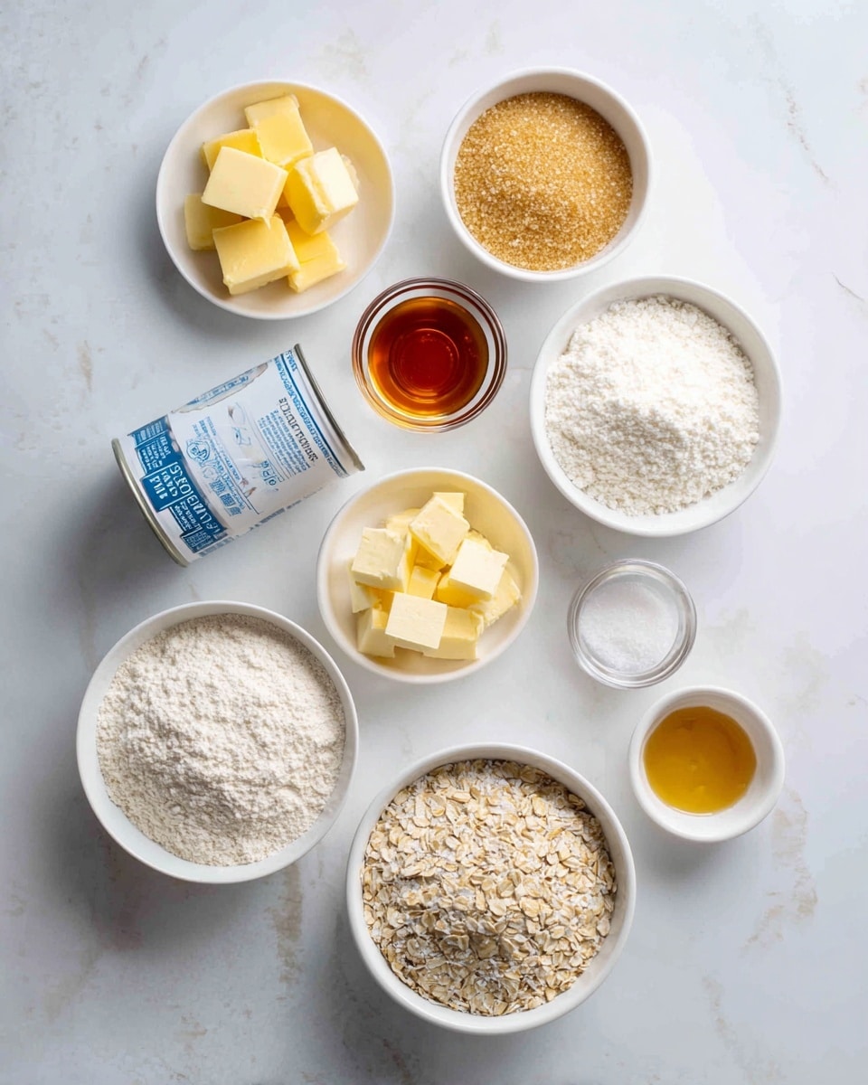 The image shows a flat layout of baking ingredients organized by category on a white marbled surface. At the top labeled BASE, there are five small white bowls and a glass container: butter in thick yellow squares, brown sugar in a compact brown mound, vanilla extract in a small glass with amber liquid, dry coconut in fine white flakes, and plain flour in a fluffy white powder. Below them, labeled FILLING, is a tilted can of condensed milk with blue and white label, next to a small white bowl with yellow butter cubes, and a small glass with golden syrup. At the bottom labeled TOPPING, there are four white bowls: oats in flat light brown flakes, coconut flakes, another bowl with butter cubes, and a small bowl filled with golden syrup, all arranged neatly with some distance between them. The overall look is clean and organized with soft natural light, photo taken with an iphone --ar 4:5 --v 7