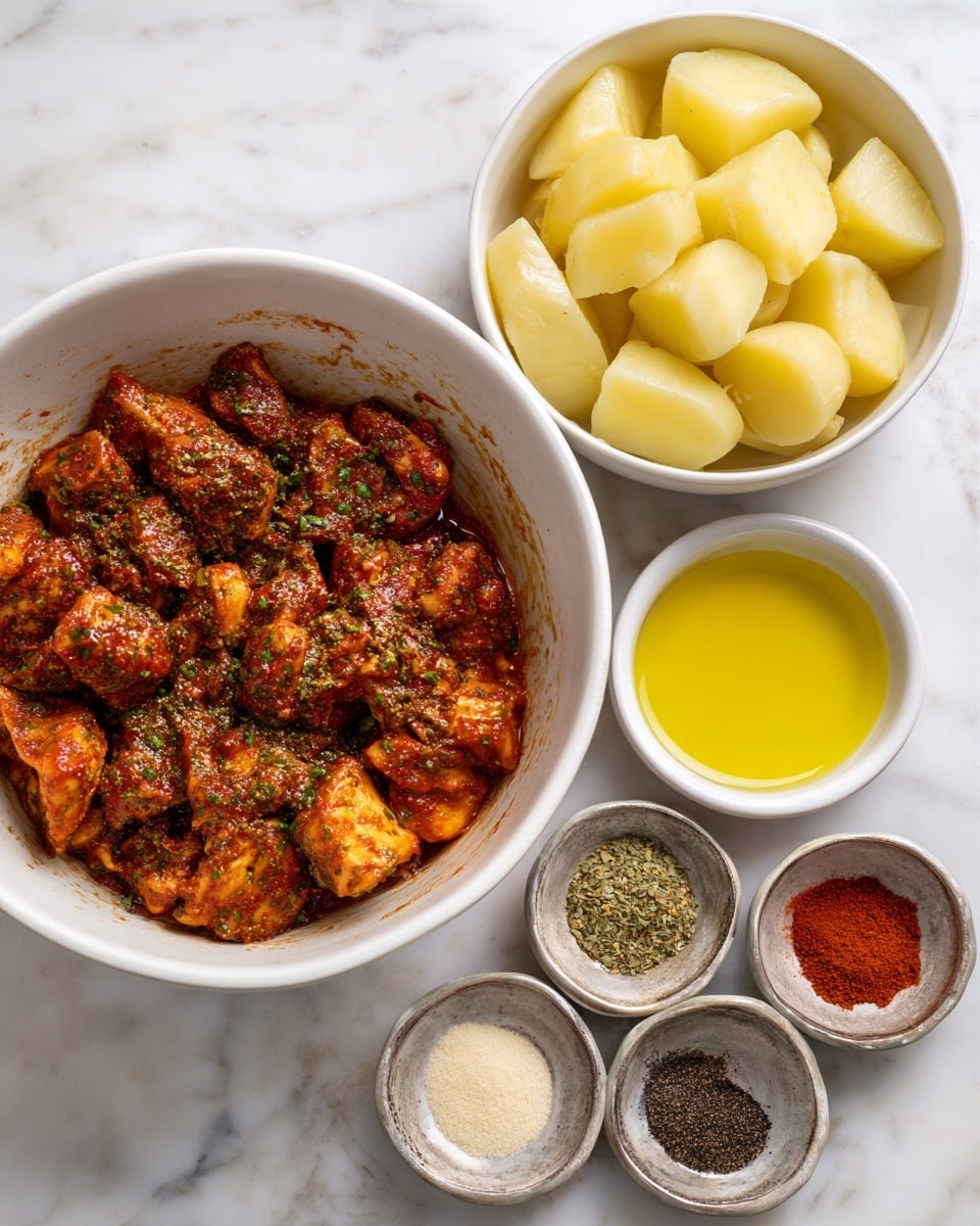 The image shows a large white bowl filled with marinated chicken pieces covered in a reddish-brown sauce with green herbs evenly spread over the chicken. Next to it is a smaller white bowl filled with large, light beige potato chunks. Below them are two small white dishes, one holding bright yellow olive oil and the other containing five small piles of different spices: creamy white garlic powder, green oregano, white salt, red paprika, and dark black pepper. All the bowls and dishes rest on a used metal baking tray with light marks and stains, placed on a white marbled surface. Photo taken with an iphone --ar 4:5 --v 7