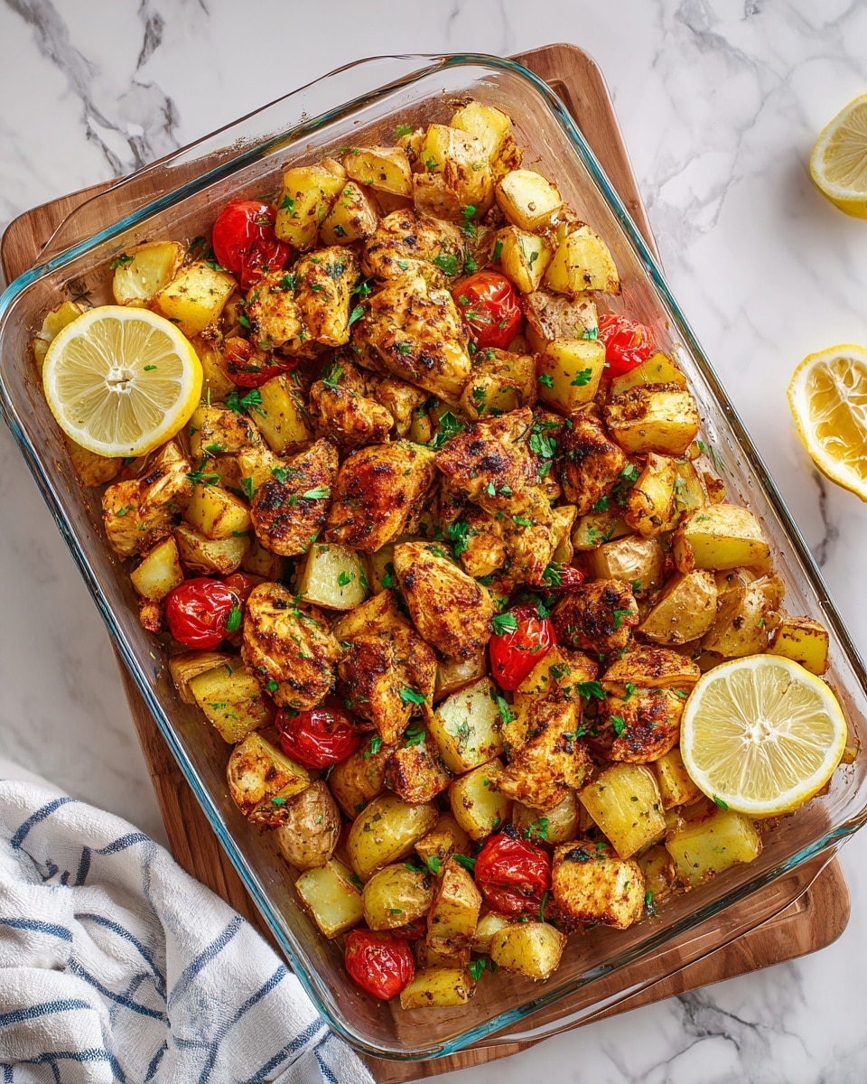 The image shows a glass baking dish filled with a layered meal. The bottom layer has light brown roasted potato cubes spread evenly across the dish. On top of the potatoes are golden-brown grilled chicken pieces with visible herbs and spices, giving a textured look. Scattered among the chicken pieces are bright red halved cherry tomatoes, and fresh green chopped herbs are sprinkled over the whole dish. There are also two slices of lemon placed on the left and lower center sides, adding a touch of yellow. The dish sits on a white marbled surface with a small wooden board and a white cloth with blue stripes partly visible underneath photo taken with an iphone --ar 4:5 --v 7