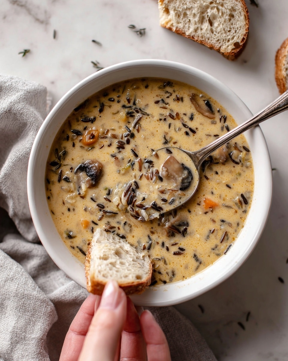 A close-up view of a white bowl filled with creamy soup that has a light tan color with visible bits of dark wild rice and chunks of orange and light brown vegetables mixed inside. A woman's hand is holding the bowl from the bottom while her other woman's hand holds a spoon scooping the soup. The bowl rests on a white marbled surface with torn pieces of light brown bread scattered around. The spoon and the spoon handle appear metallic with a smooth shine. The overall look is warm and inviting. photo taken with an iphone --ar 4:5 --v 7